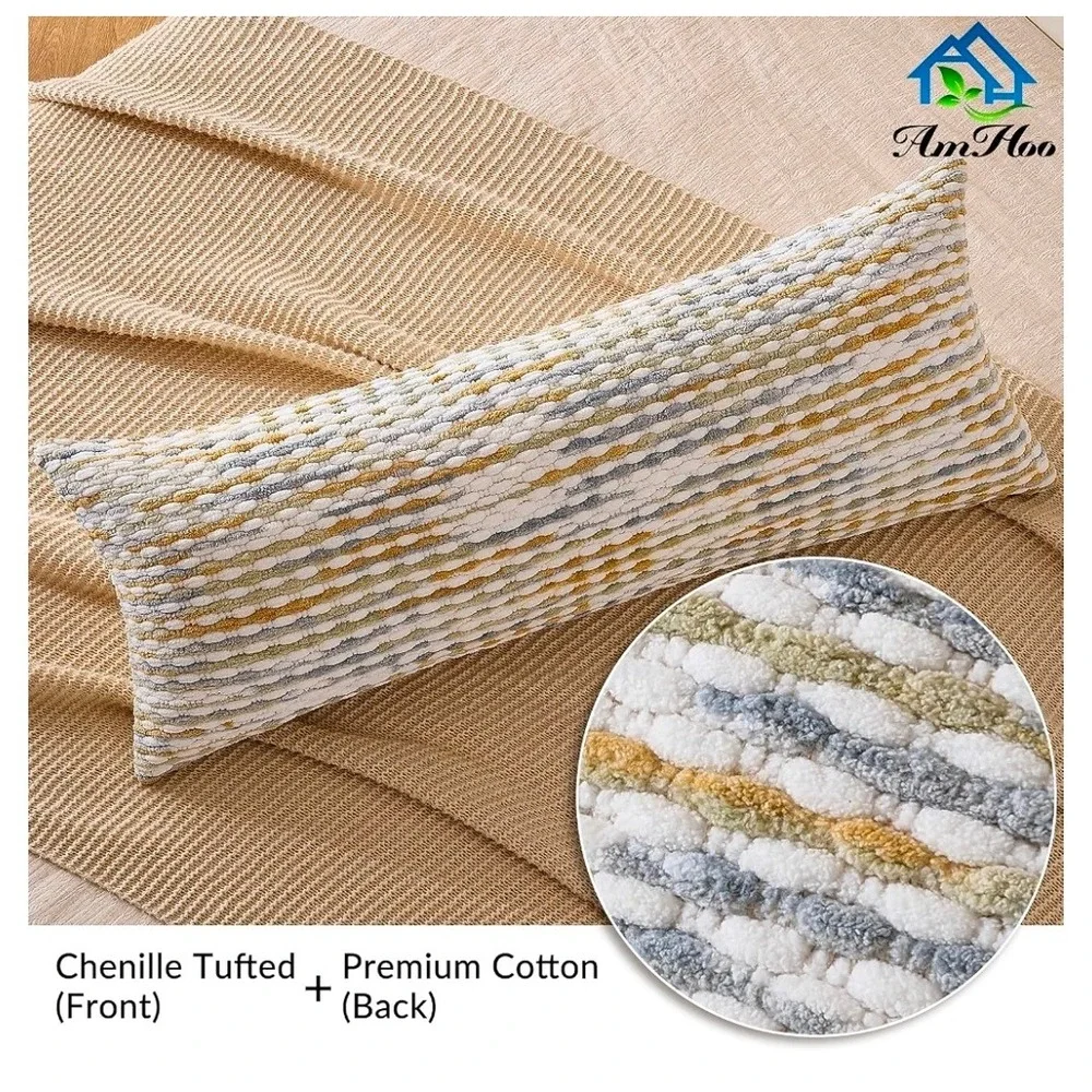 AmHoo Boho Chenille Tufted Lumbar Pillow Cover 14x36 Grey Yellow Stripe Cotton